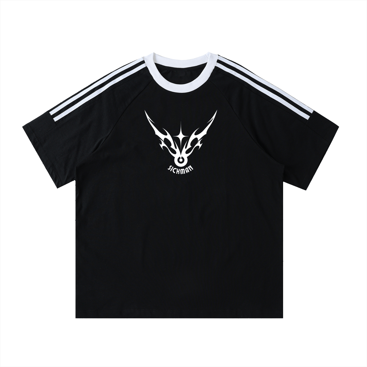 Black t-shirt with white logo and stripes on a white background