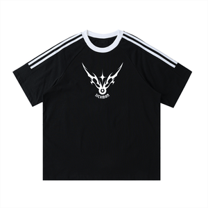 Black t-shirt with white logo and stripes on a white background