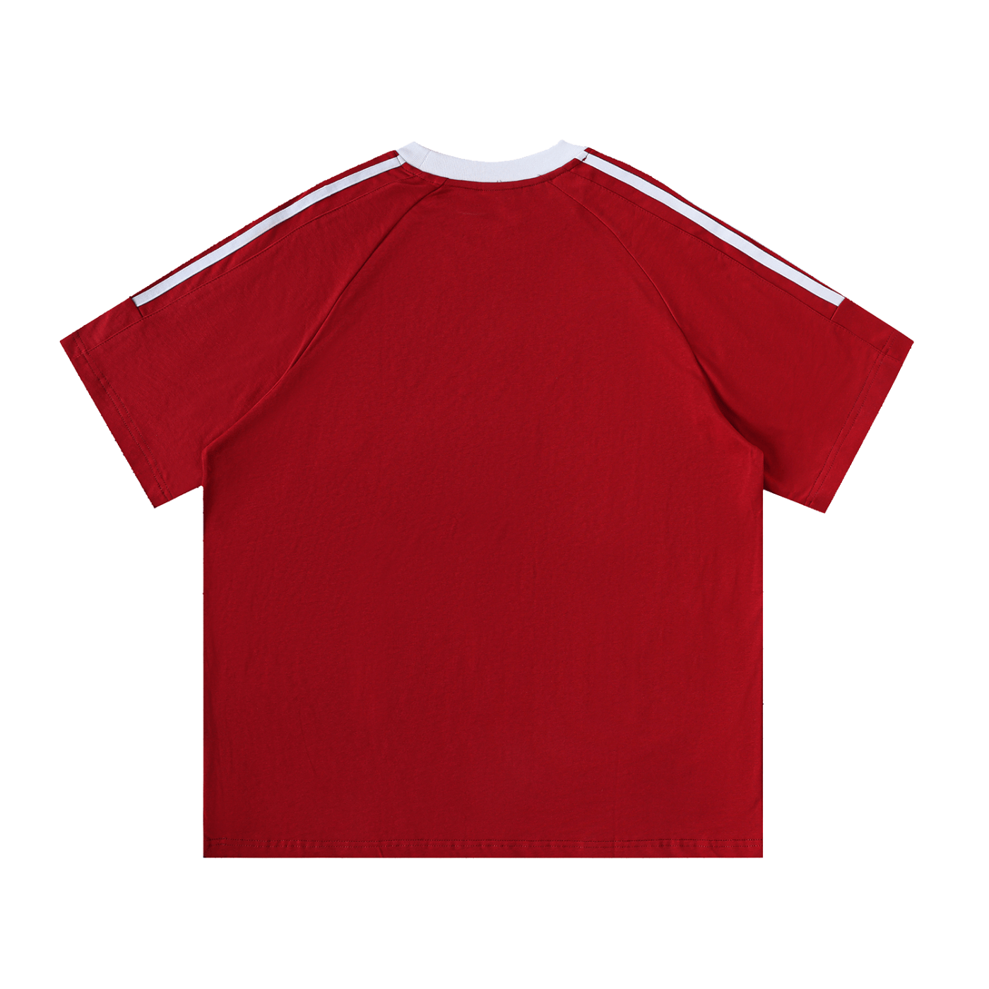 Red t-shirt with white stripes on shoulders against a white background