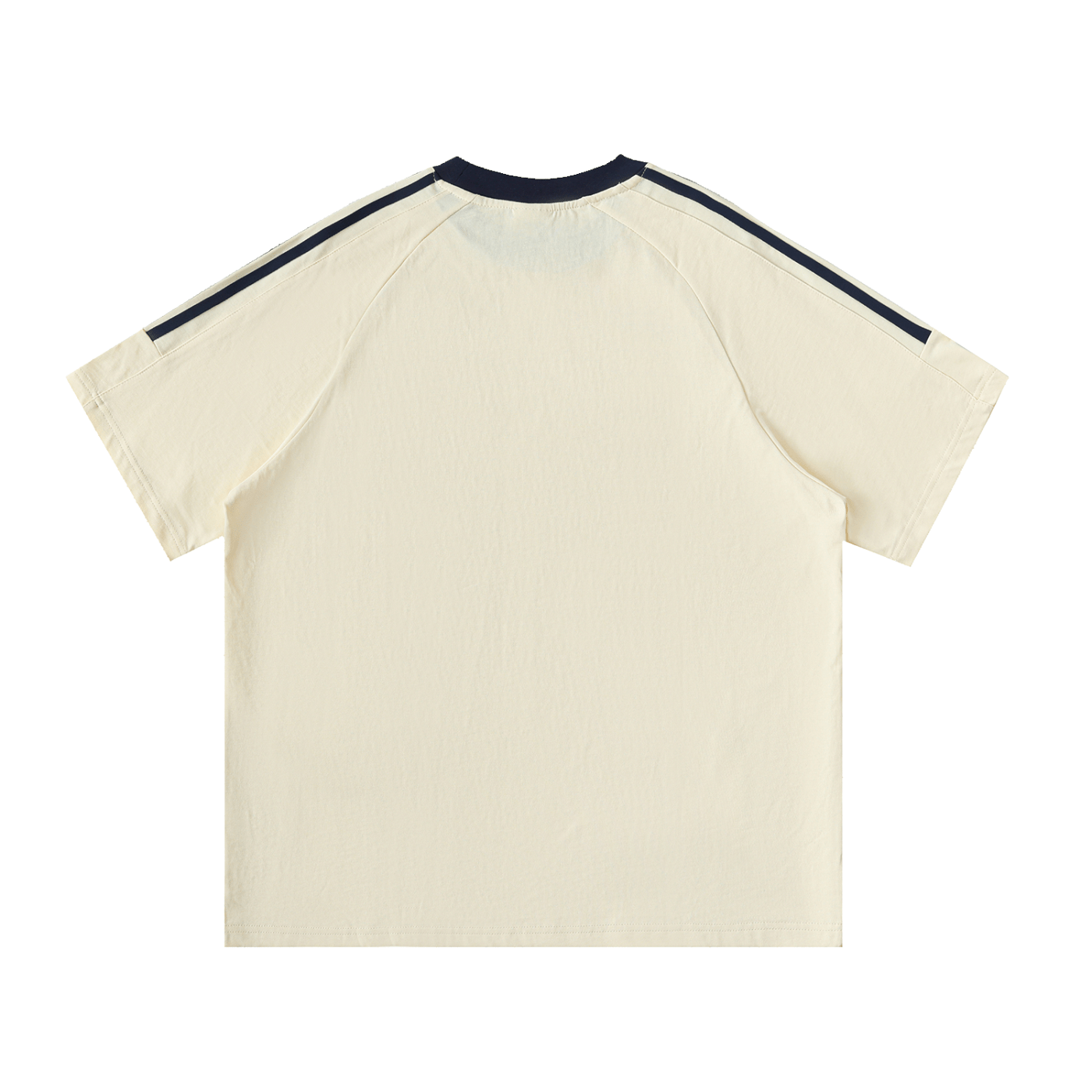Beige t-shirt with navy stripes on sleeves on a white background