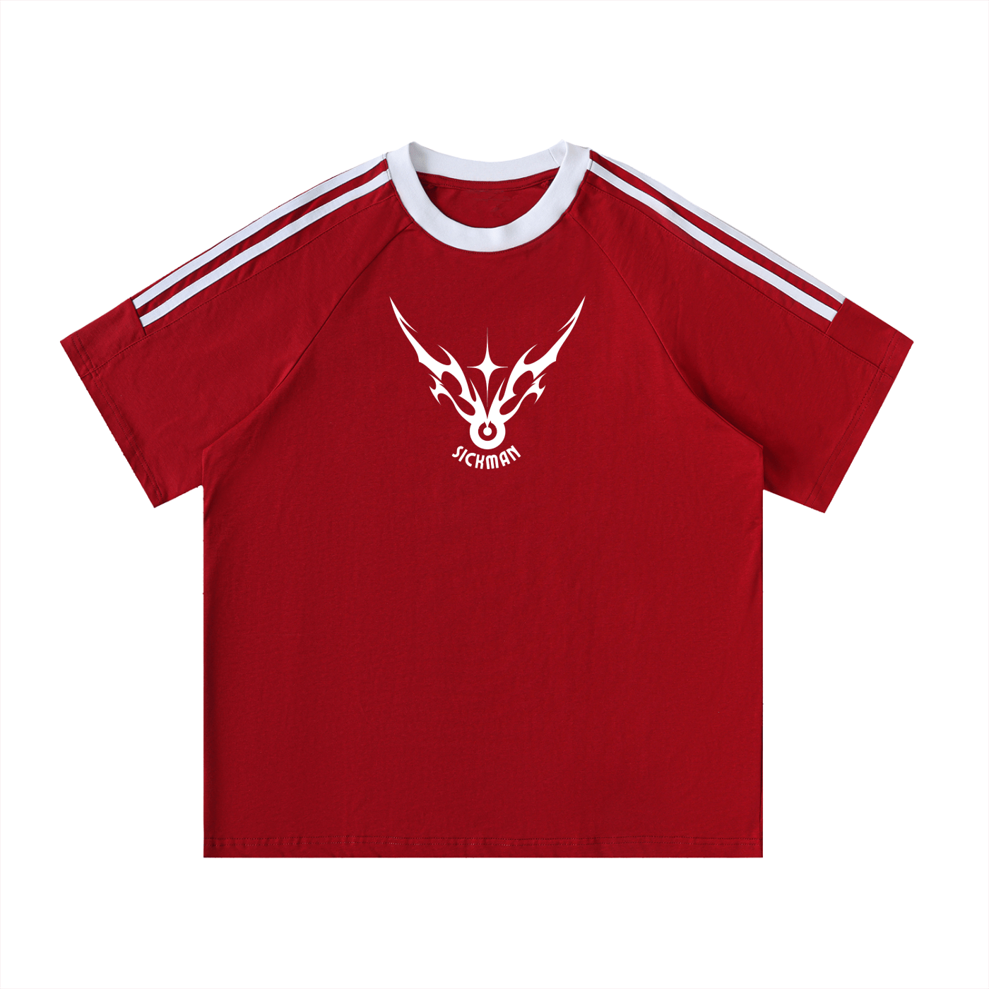 Red t-shirt with white logo and stripes on a white background