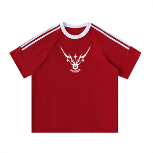 Red t-shirt with white logo and stripes on a white background