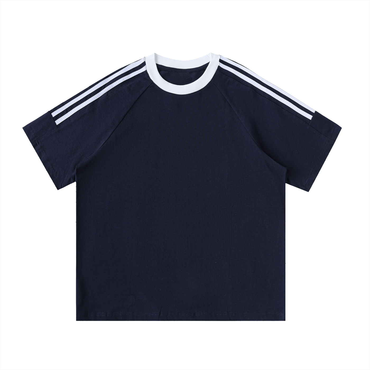 Navy blue t-shirt with white stripes on sleeves against a white background