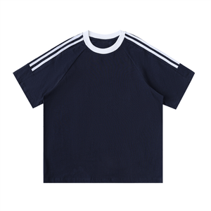 Navy blue t-shirt with white stripes on sleeves against a white background