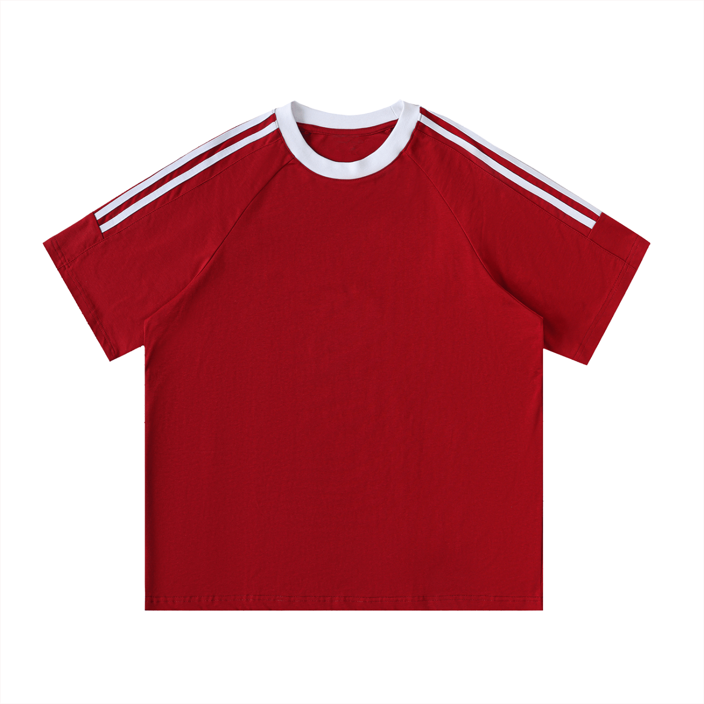 Red t-shirt with white stripes on sleeves and neckline against a white background