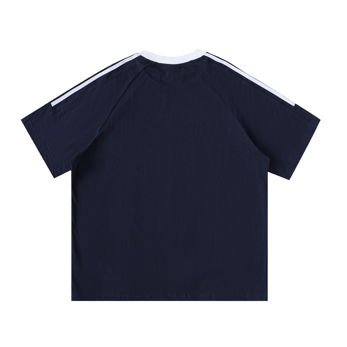 Navy blue t-shirt with white stripes on shoulders against a white background