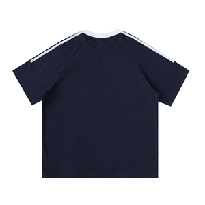 Navy blue t-shirt with white stripes on shoulders against a white background