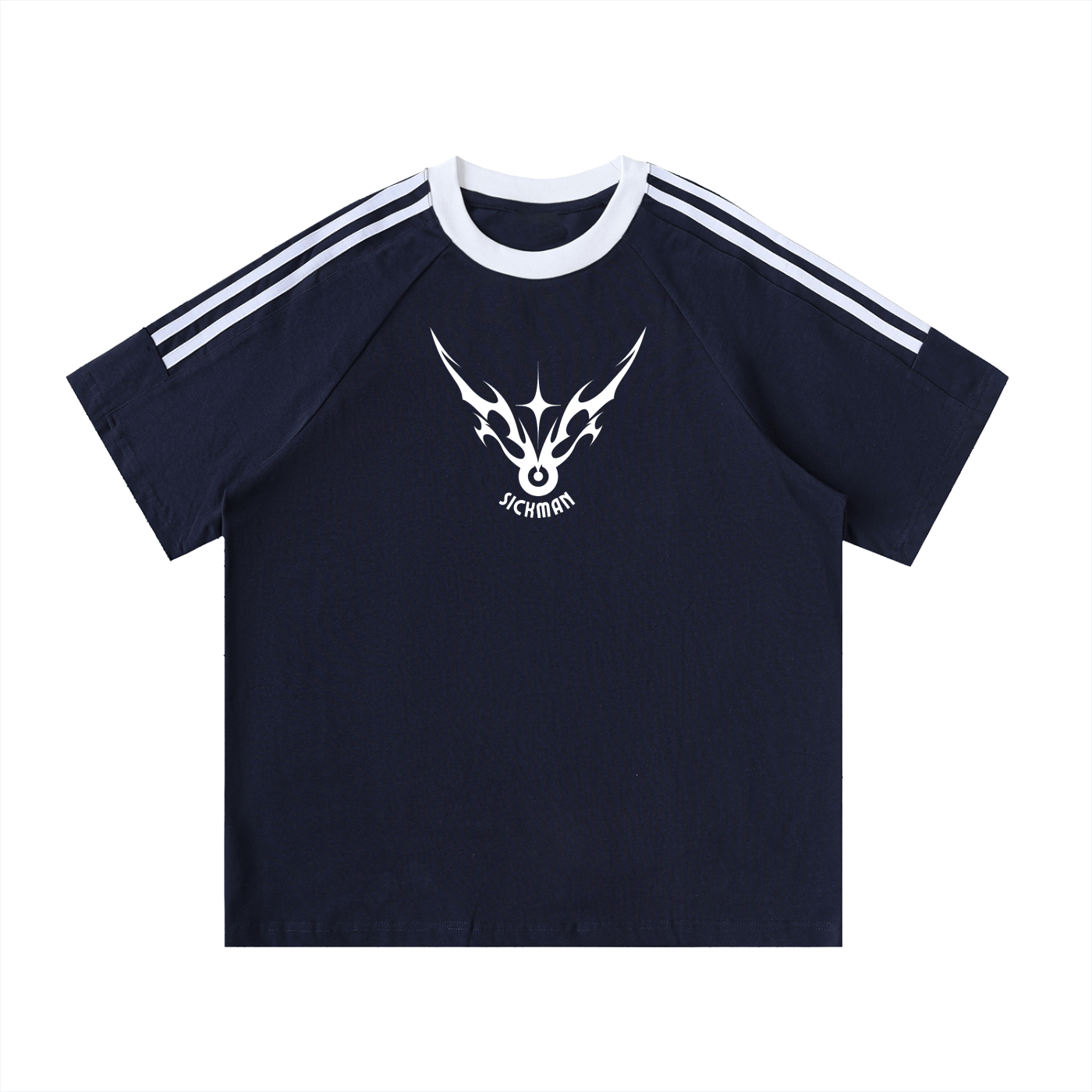 Navy blue t-shirt with white logo and stripes on a white background