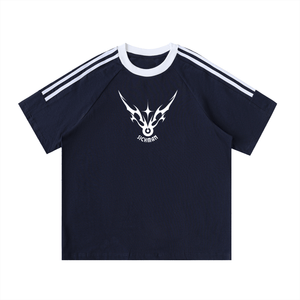 Navy blue t-shirt with white logo and stripes on a white background