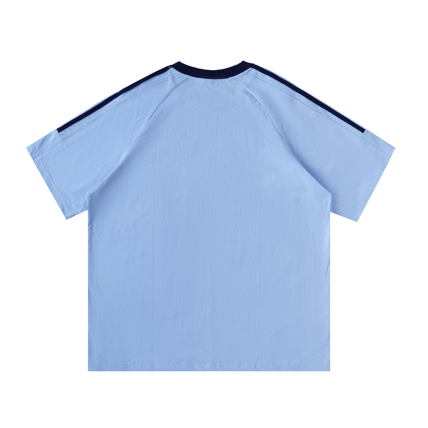 Light blue t-shirt with dark blue stripes on a white background