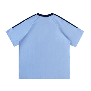 Light blue t-shirt with dark blue stripes on a white background