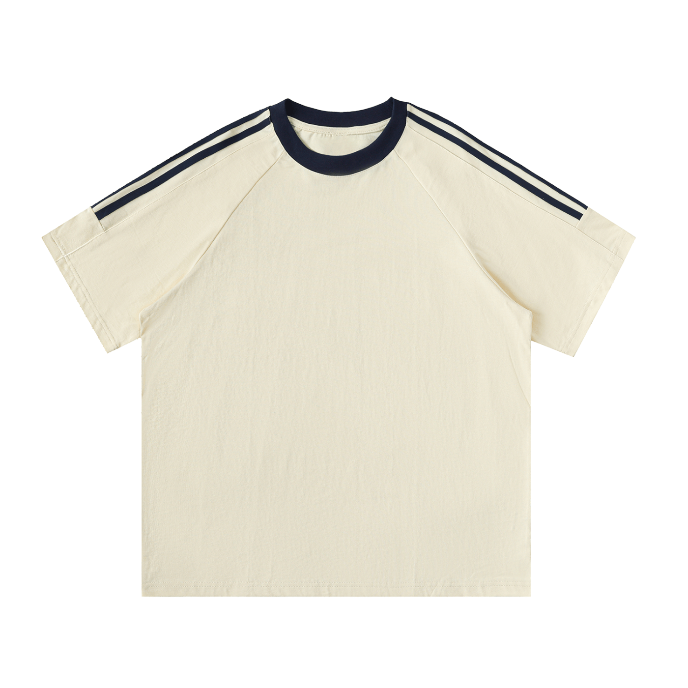 Beige t-shirt with navy stripes on a white background