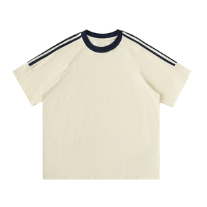 Beige t-shirt with navy stripes on a white background