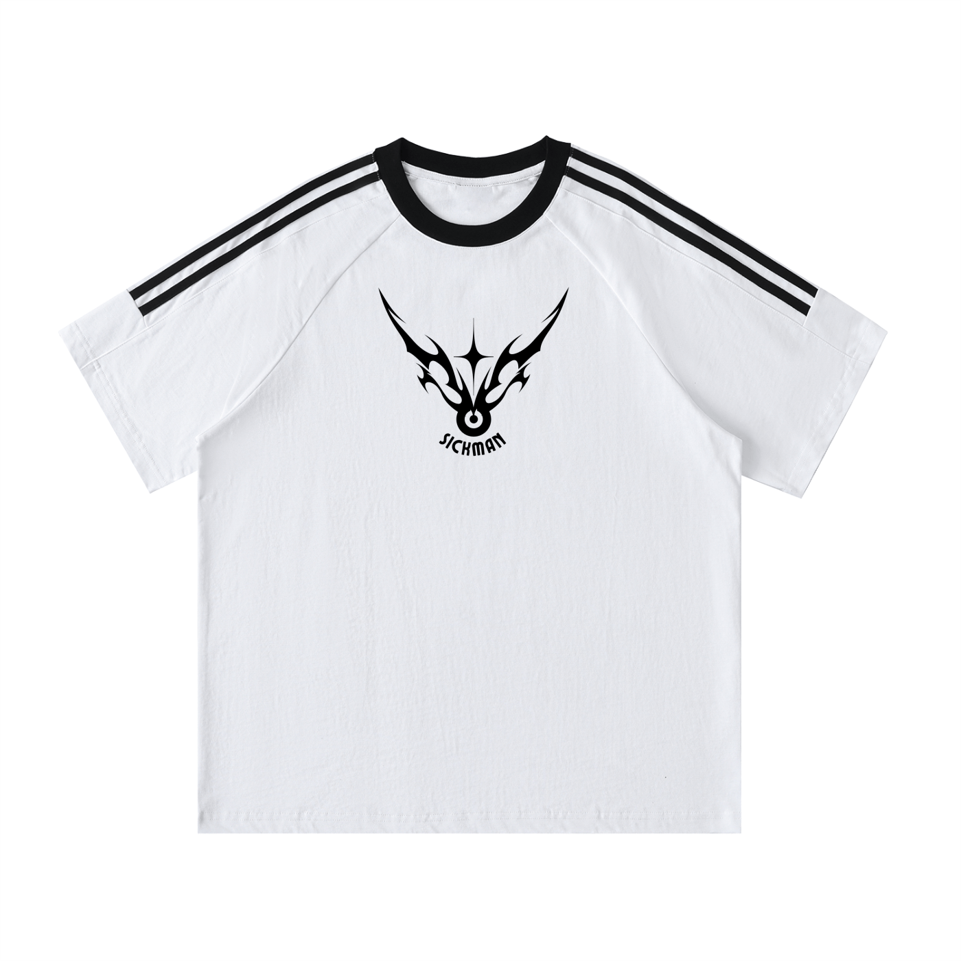 White t-shirt with black stripes and a black logo on a white background