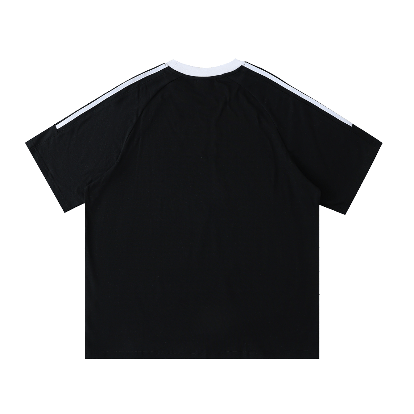 Black t-shirt with white stripes on shoulders against a white background