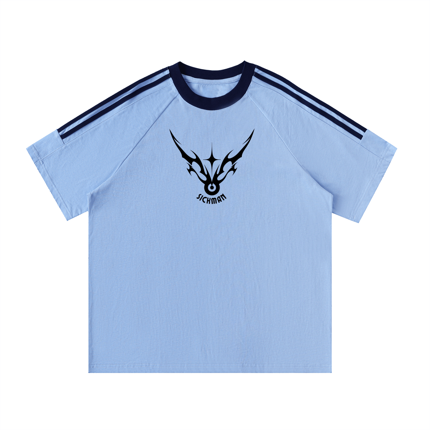 Light blue t-shirt with black logo and text on a white background