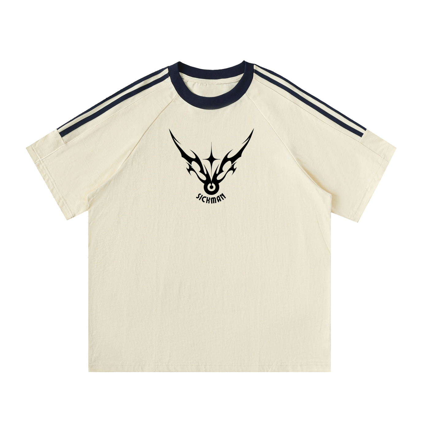 Beige t-shirt with black logo and text on a white background