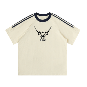 Beige t-shirt with black logo and text on a white background