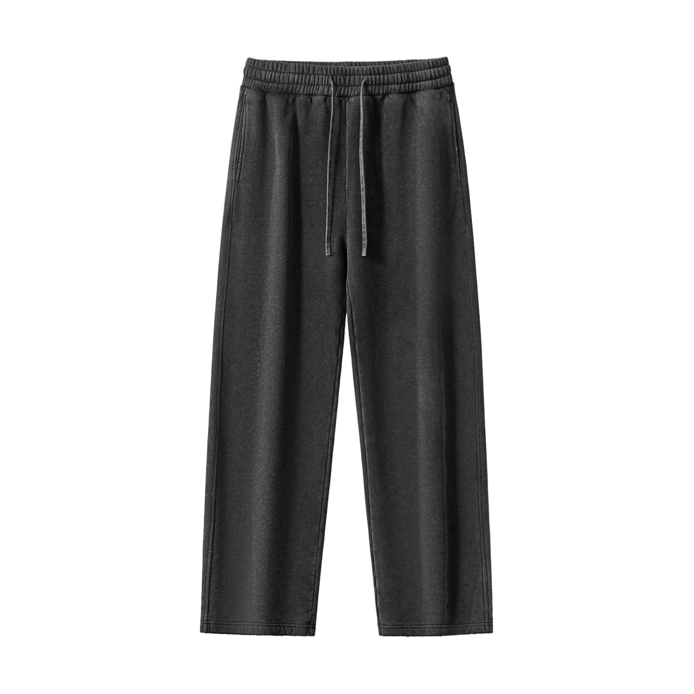 Black sweatpants with a drawstring on a white background