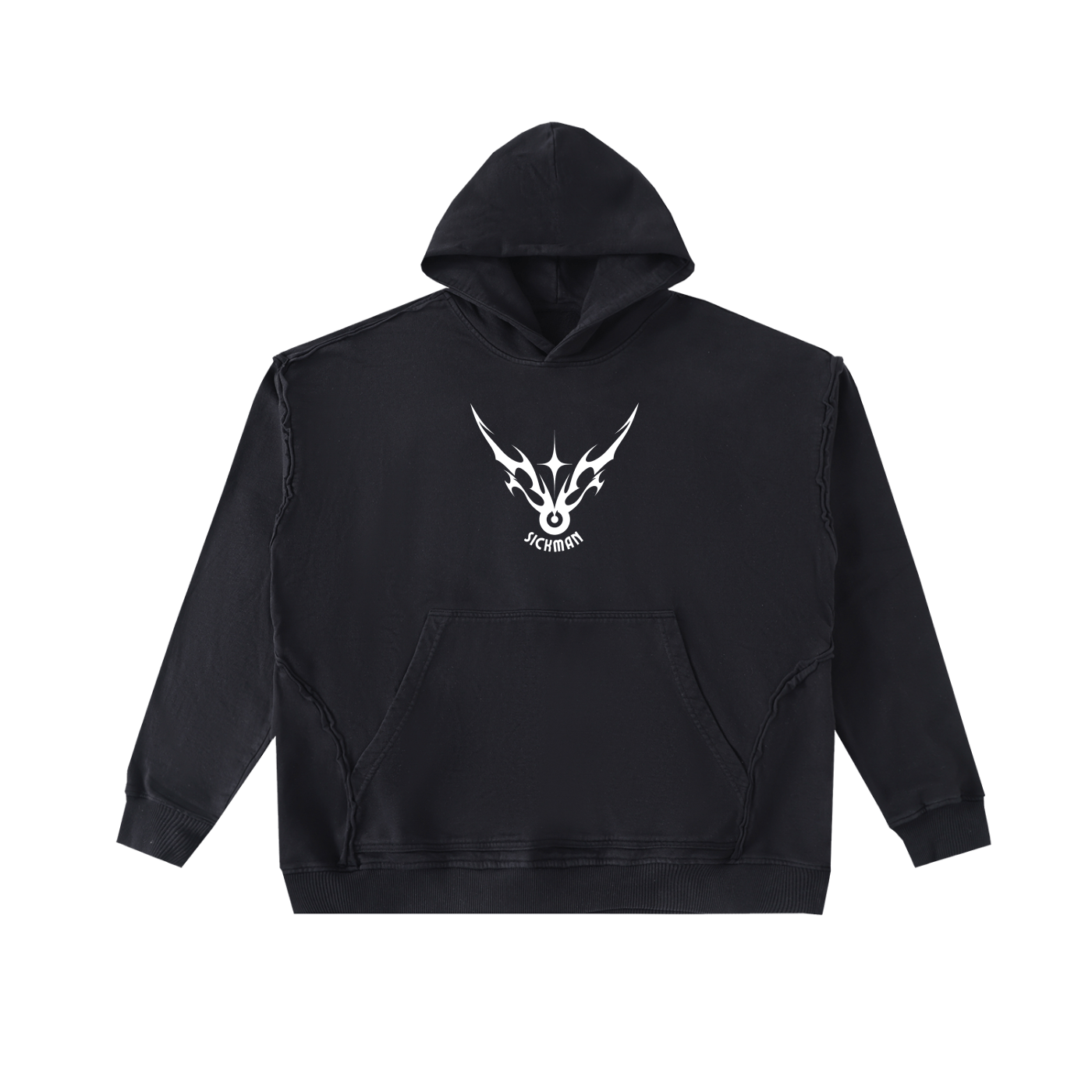 Black hoodie with a white logo on a white background