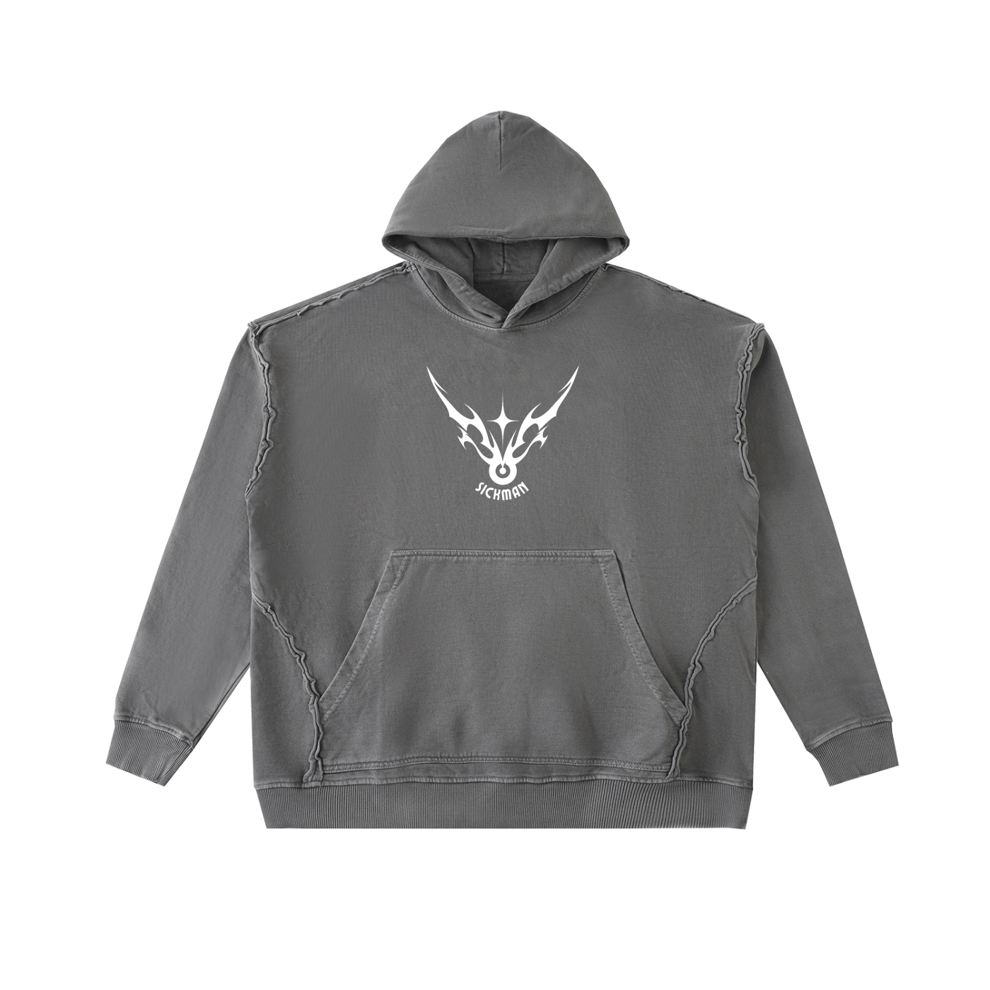 Gray hoodie with a white logo on a white background