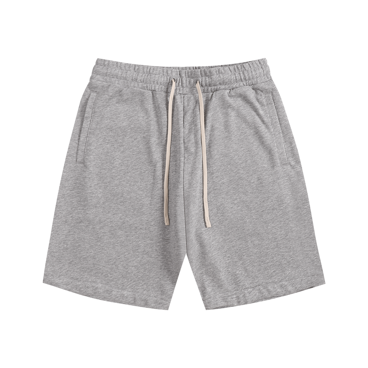 Gray shorts with a drawstring on a white background