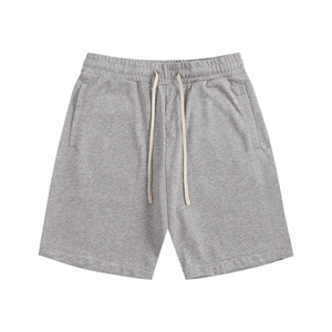 Gray shorts with a drawstring on a white background