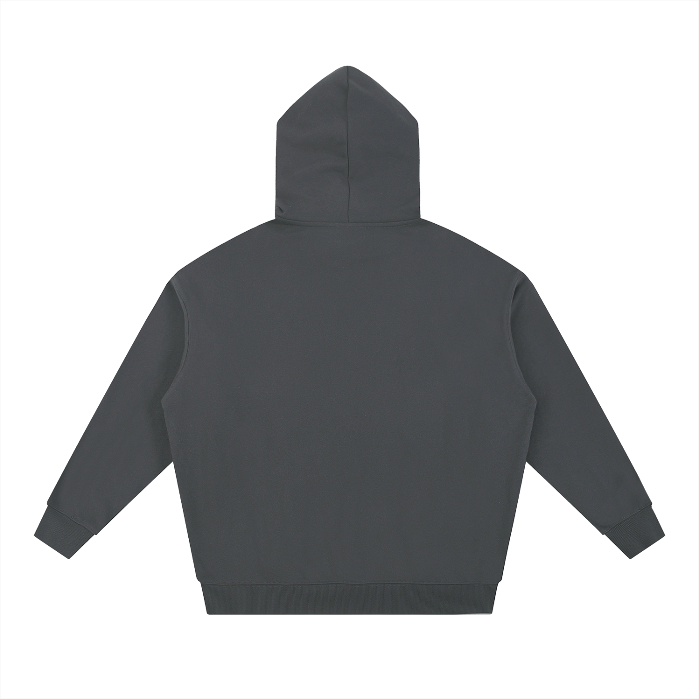 Dark gray hoodie shown from the back on a white background