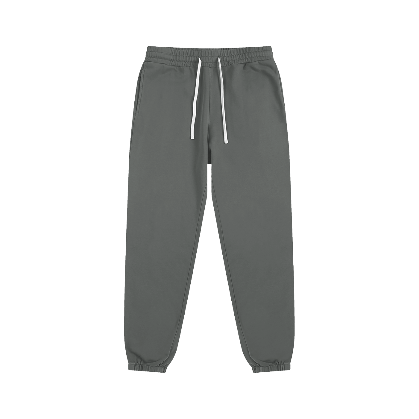 Gray sweatpants with a drawstring on a white background