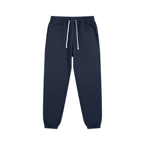Navy blue sweatpants with a white drawstring on a white background