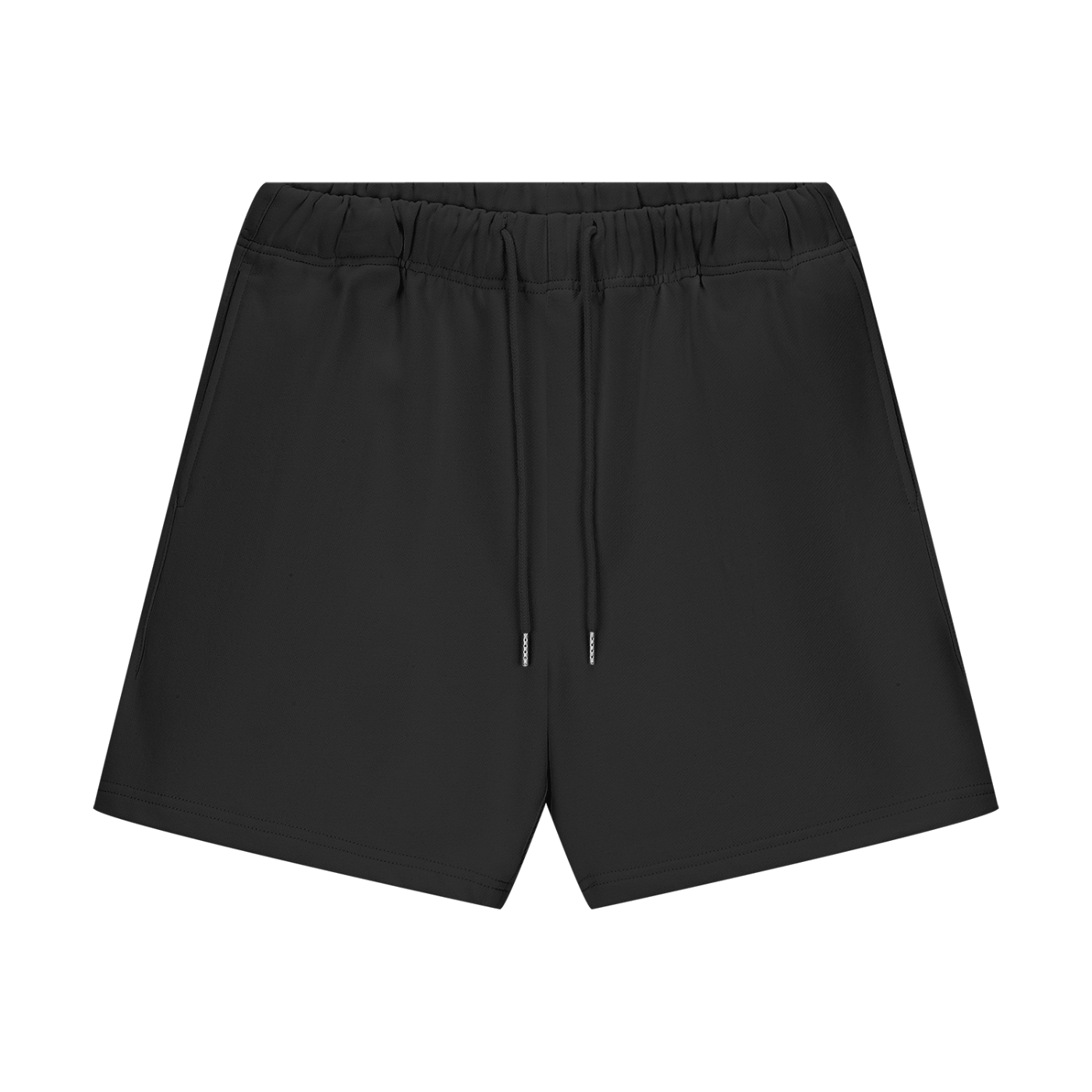 Black shorts with drawstring on a white background