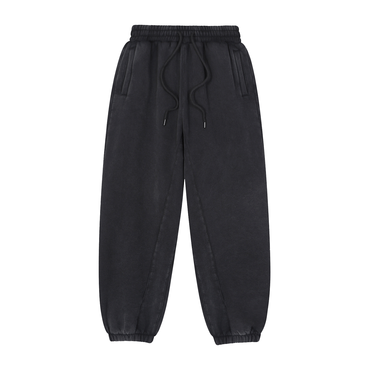 Black sweatpants with drawstring on a white background
