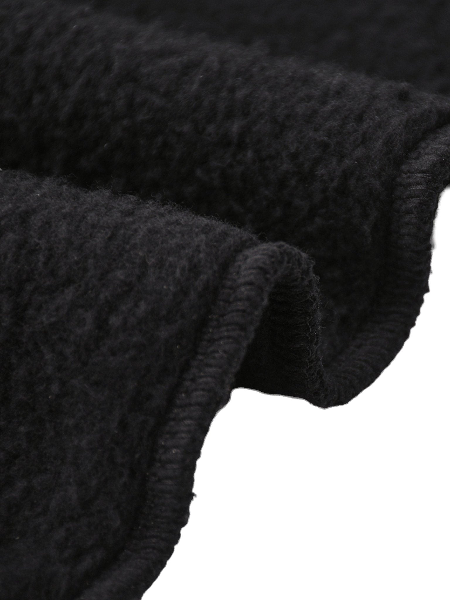 Close-up of dark gray fabric with a textured pattern on a white background