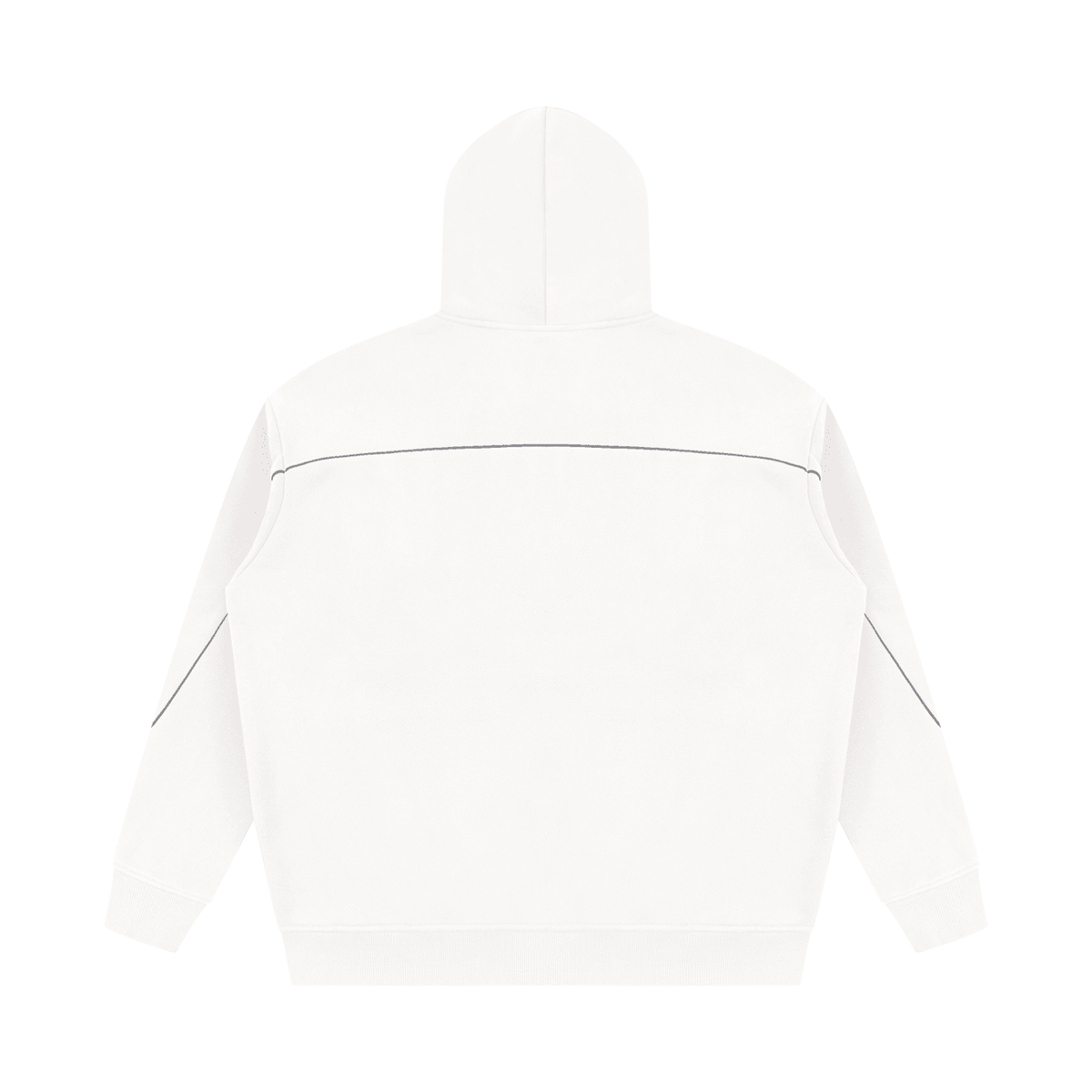 A white hooded sweatshirt shown from the back, featuring a horizontal seam across the upper back and thin dark line details along the shoulders and sleeves, set against a plain white background.