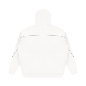 A white hooded sweatshirt shown from the back, featuring a horizontal seam across the upper back and thin dark line details along the shoulders and sleeves, set against a plain white background.