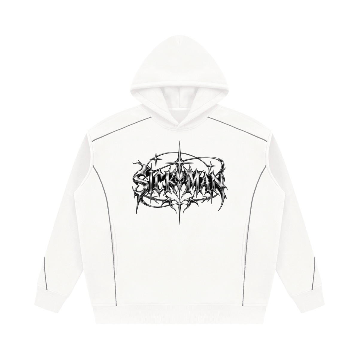 A white pullover hoodie with a black gothic-style graphic on the chest reading 'STAY AWAY' in a thorny font, displayed on a clean white background.