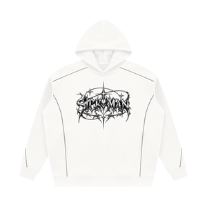 A white pullover hoodie with a black gothic-style graphic on the chest reading 'STAY AWAY' in a thorny font, displayed on a clean white background.