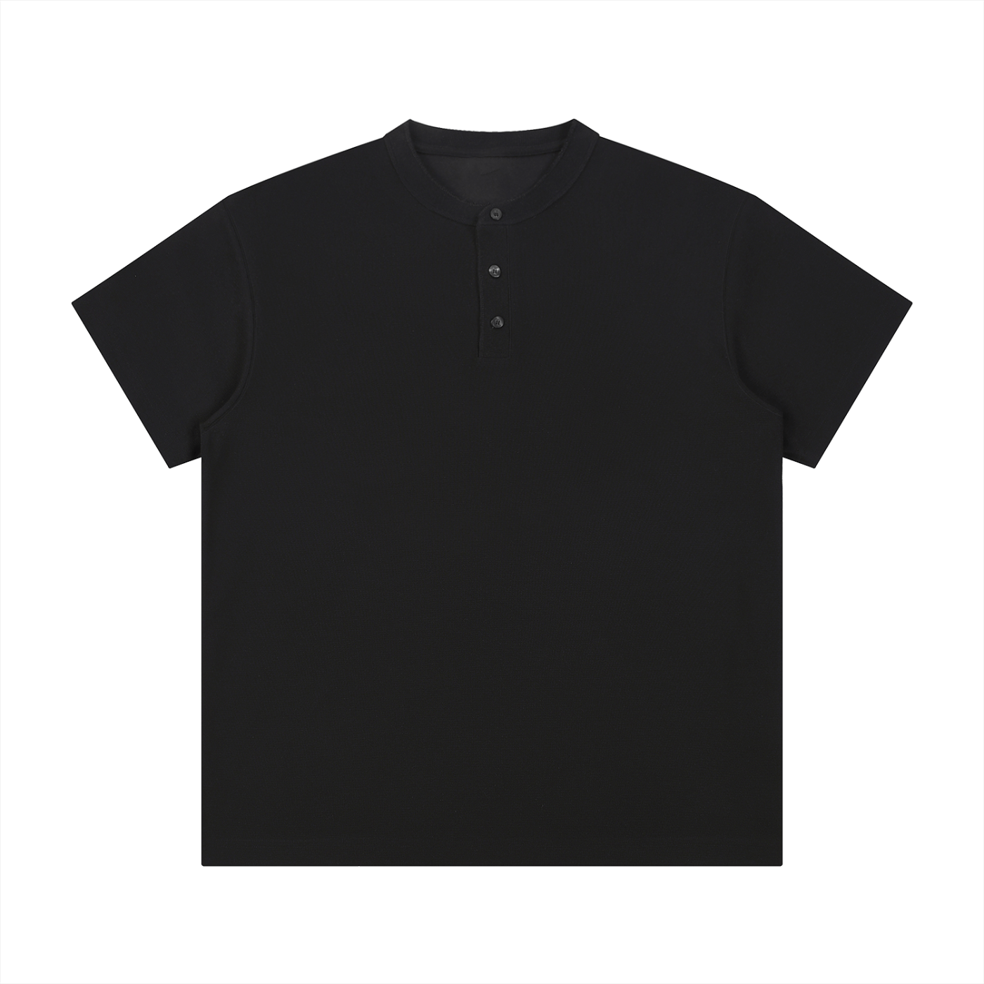 Black short-sleeve henley shirt on a white background