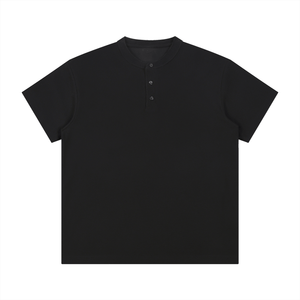 Black short-sleeve henley shirt on a white background