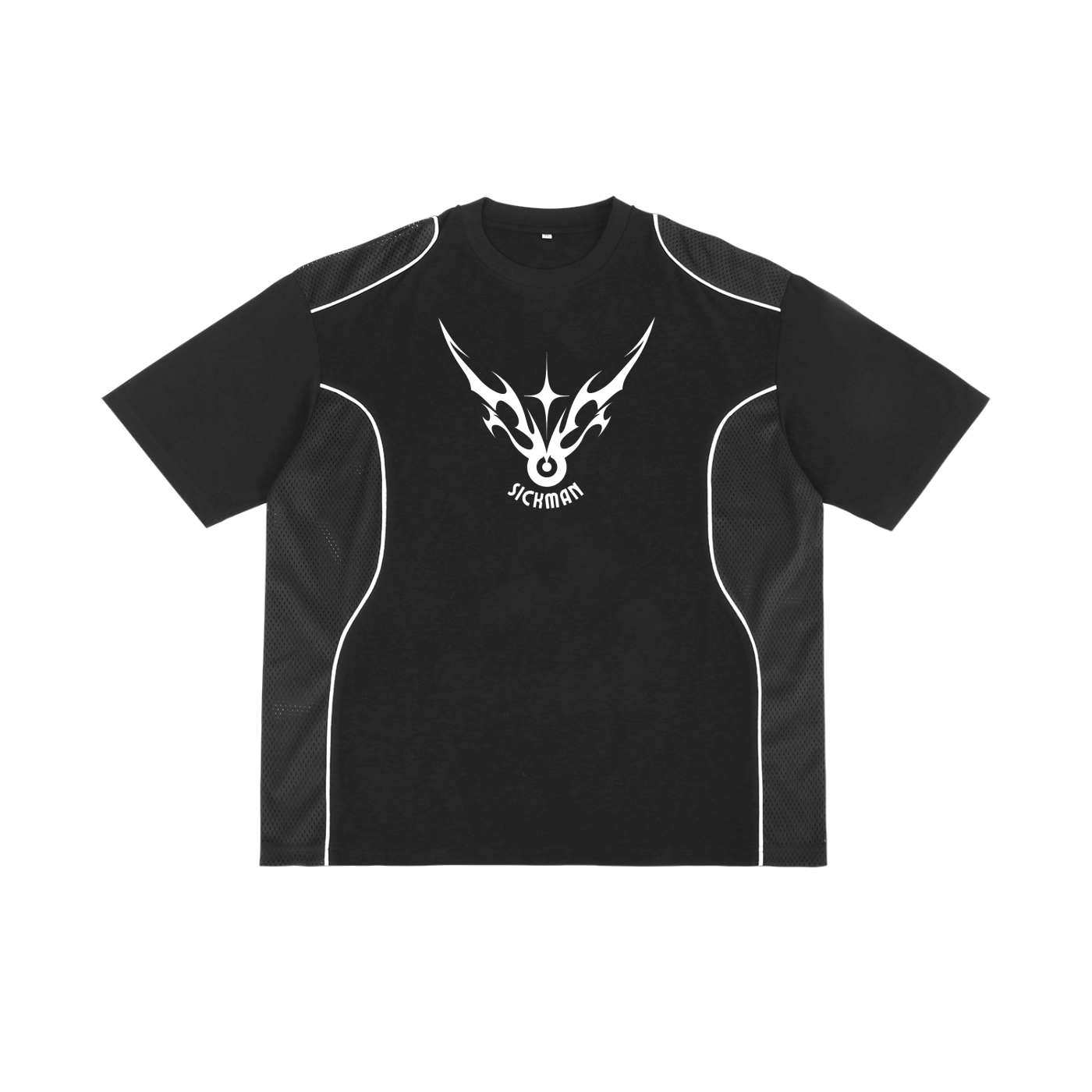 Black t-shirt with white logo and text on a white background