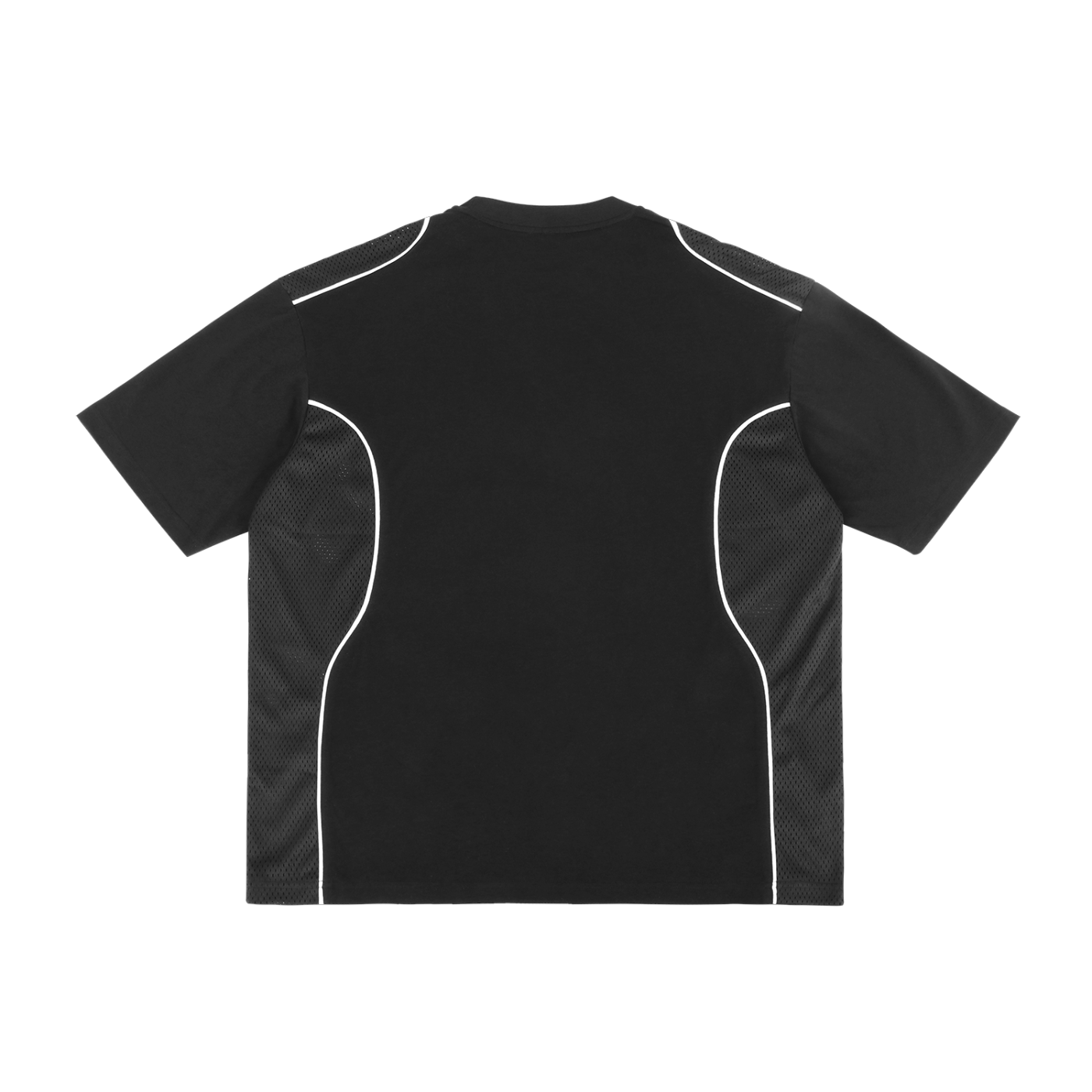 Black t-shirt with white accents on a white background