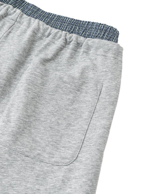 Close-up of gray shorts with a blue waistband on a white background