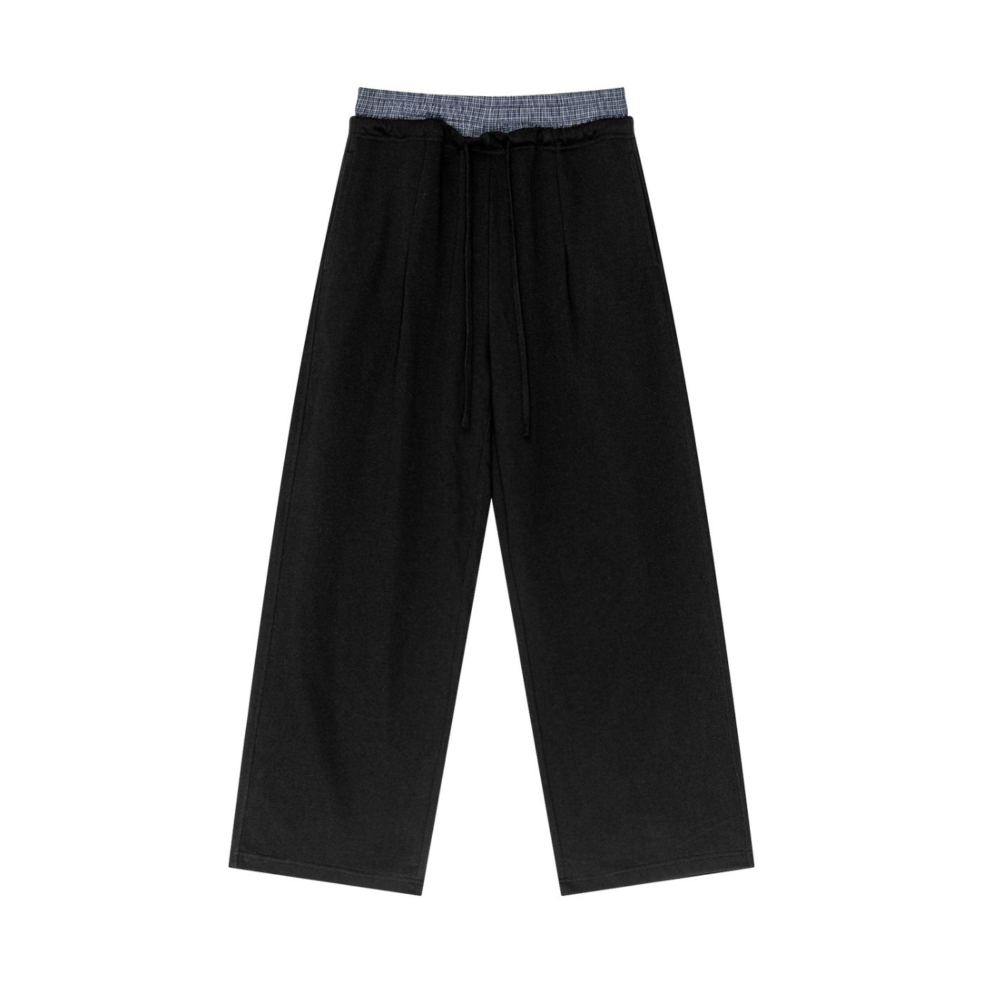 Black wide-leg pants with a checkered waistband on a white background