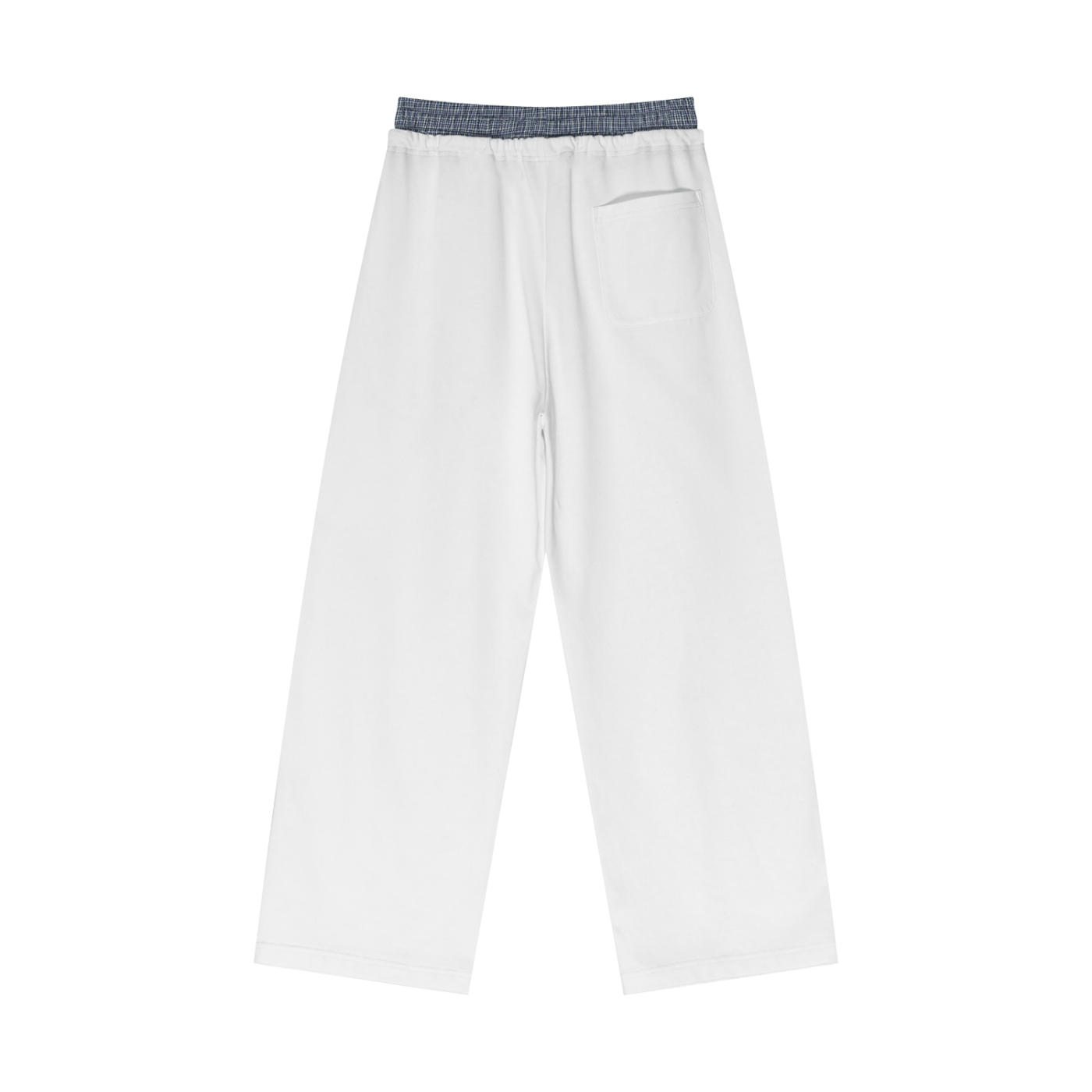 White pants with a blue waistband on a white background