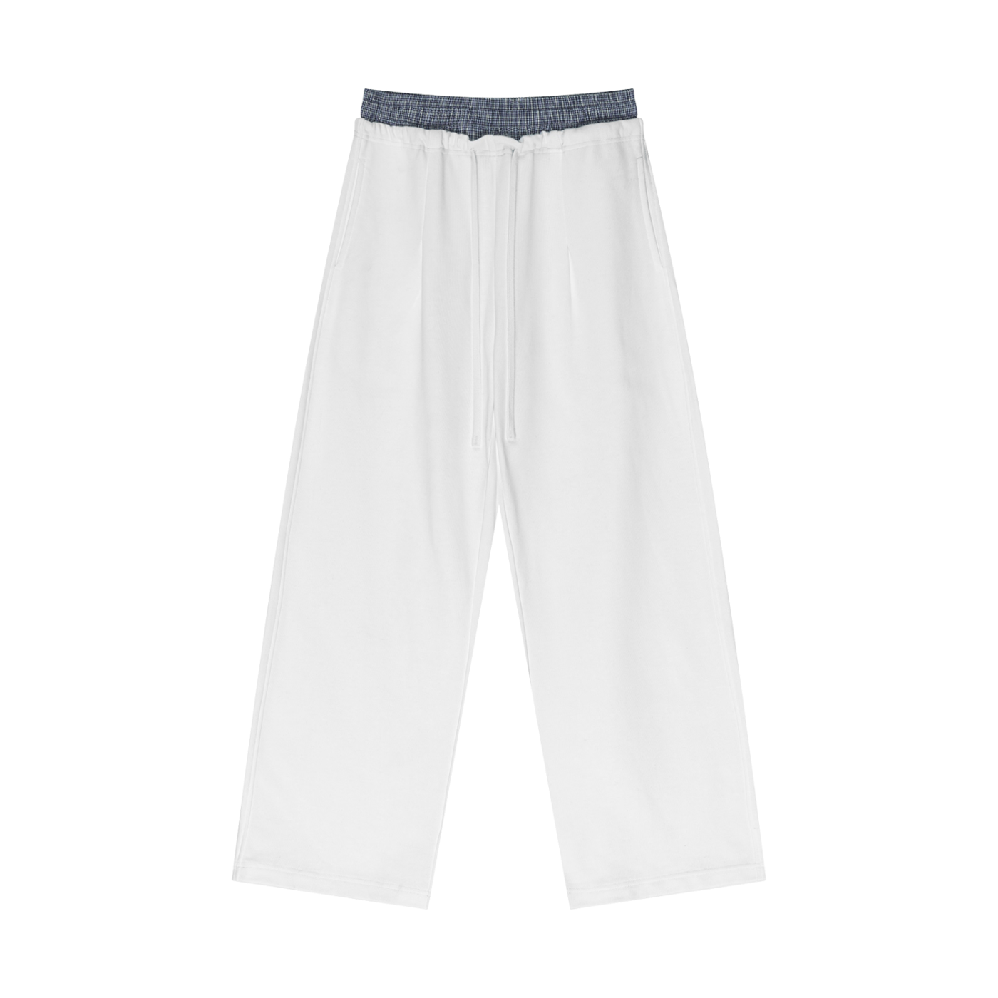 White pants with a checkered waistband on a white background