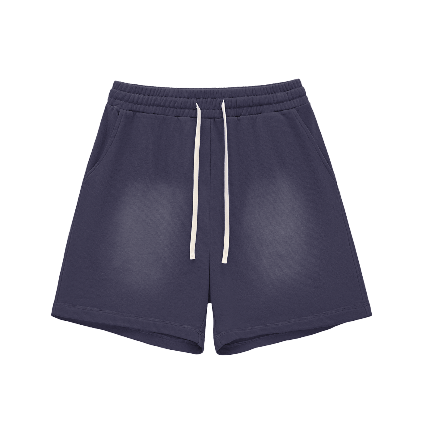 Navy blue shorts with a white drawstring on a white background