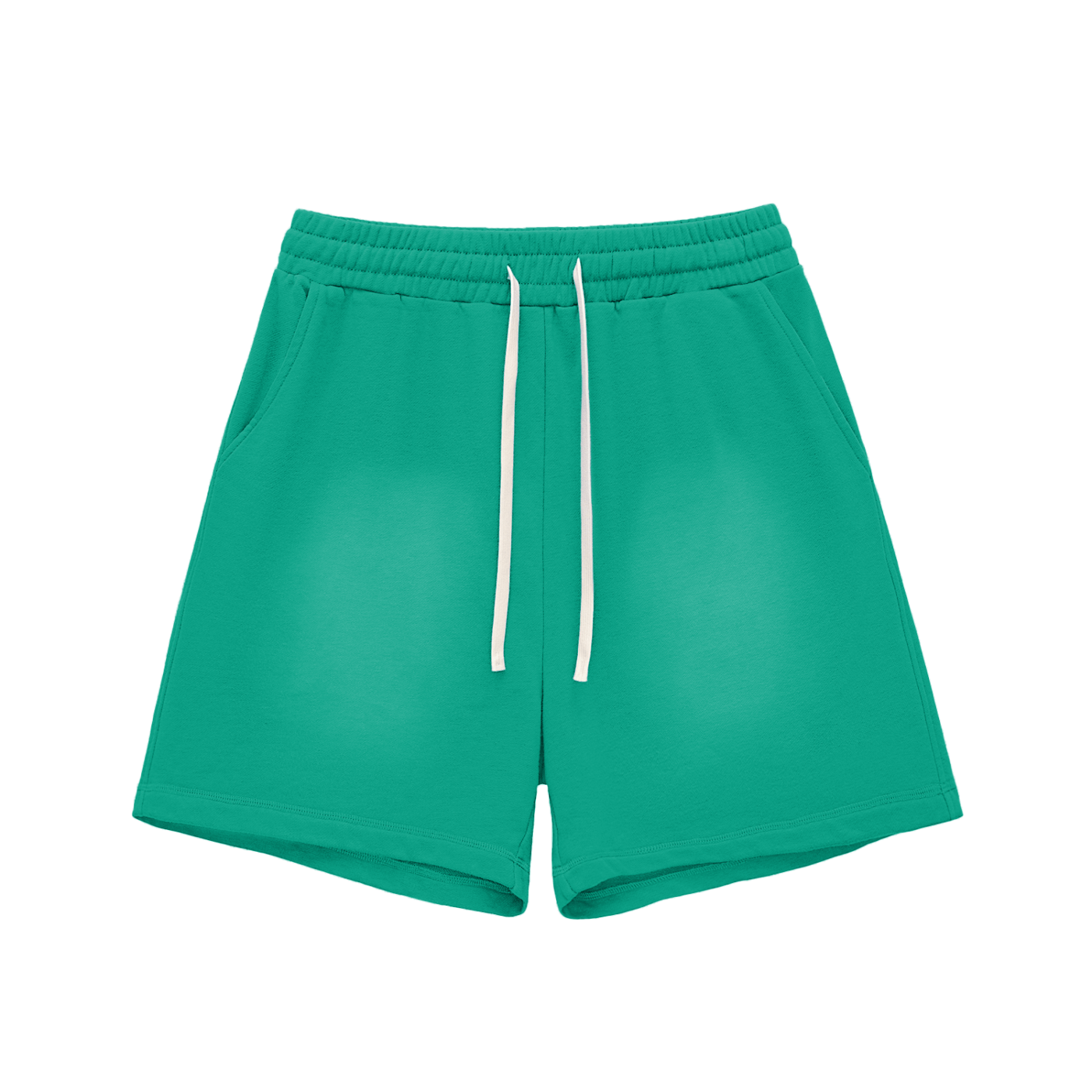 Green shorts with a white drawstring on a white background