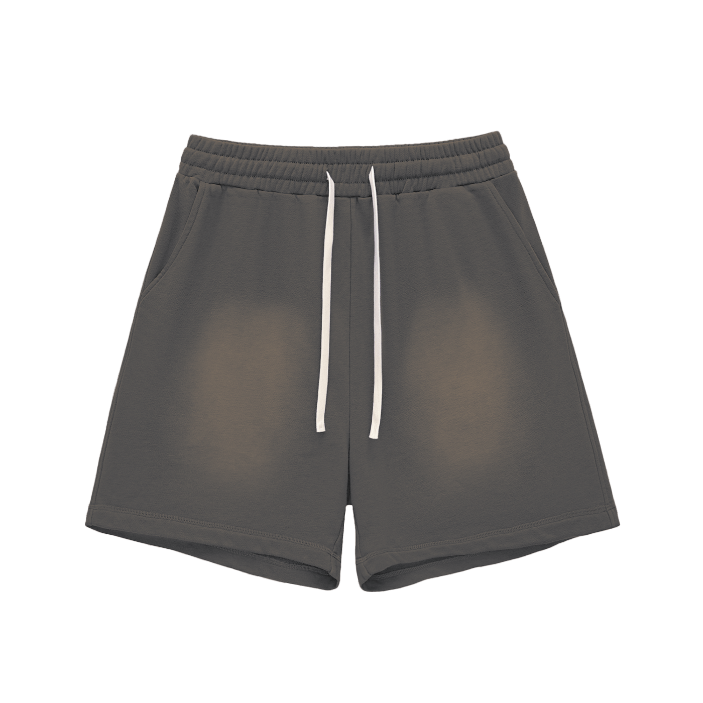 Gray shorts with a white drawstring on a white background