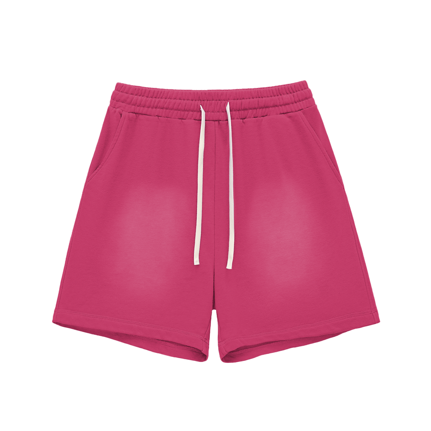 Pink shorts with a white drawstring on a white background