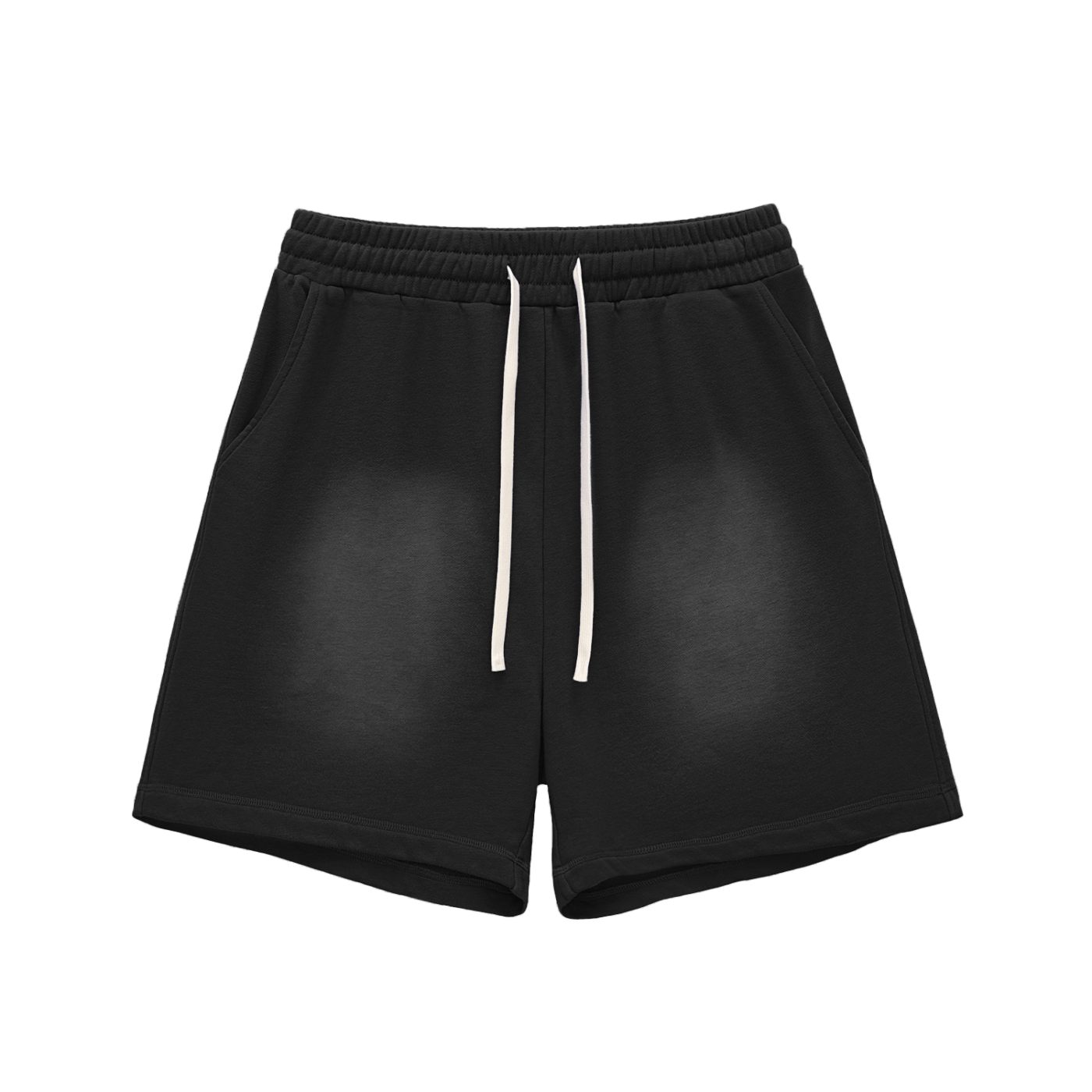 Black shorts with a white drawstring on a white background